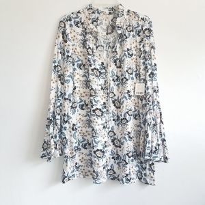 FREE PEOPLE TUNIC TOP FLORAL V NECK BELL SLEEVE